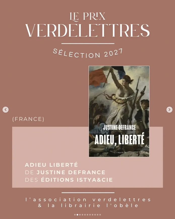 Post instagram du prix Verdelettres annonçant la sélection d'Adieu, liberté pour le prix 2027